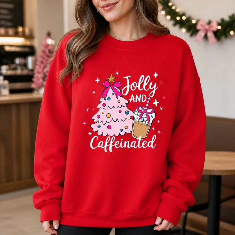 Jolly and Caffeinated Christmas Coffee Sweatshirt for Women Coffee Lovers Coquette Holiday Design
