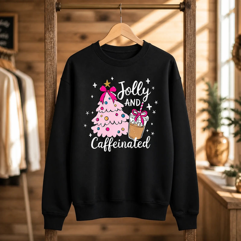 Jolly and Caffeinated Christmas Coffee Sweatshirt for Women Coffee Lovers Coquette Holiday Design