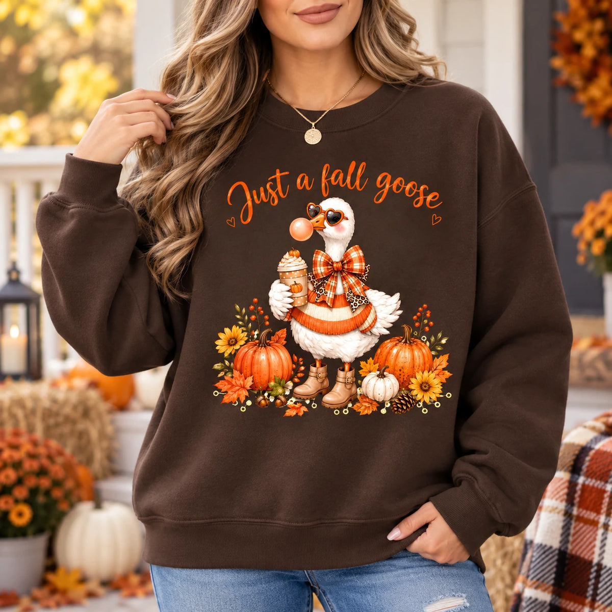 Just a Fall Goose Sweatshirt and T-Shirt Cute Pumpkin Season Goose Graphic for Women