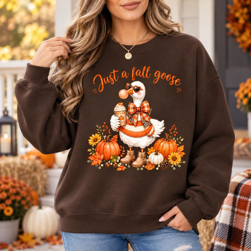 Just a Fall Goose Sweatshirt and T-Shirt Cute Pumpkin Season Goose Graphic for Women