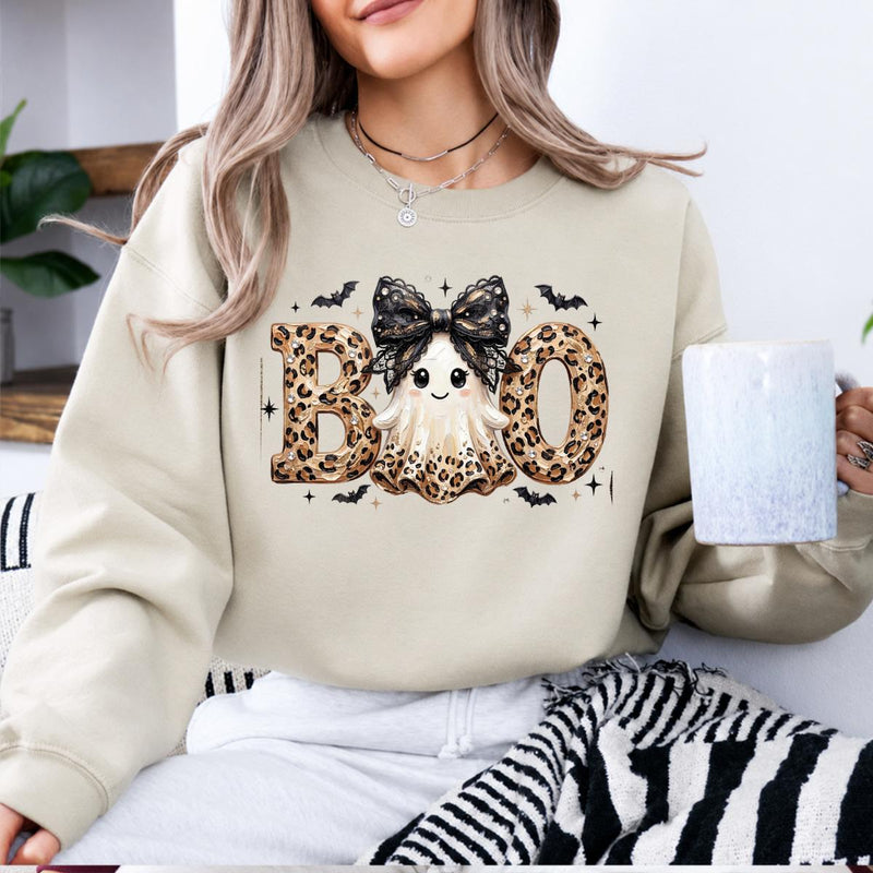 Leopard BOO Ghost Halloween Sweatshirt, Cute Spooky Ghost Graphic Crewneck, Black Bow Pumpkin Bat Design, Vintage Halloween Pullover, Cozy Fall Outfit, Funny Gift for Women Cat Lovers, Trendy Witchy Aesthetic Apparel