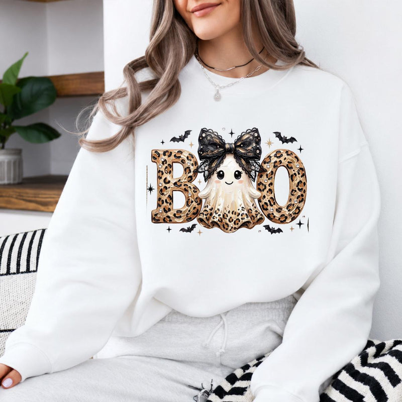Leopard BOO Ghost Halloween Sweatshirt, Cute Spooky Ghost Graphic Crewneck, Black Bow Pumpkin Bat Design, Vintage Halloween Pullover, Cozy Fall Outfit, Funny Gift for Women Cat Lovers, Trendy Witchy Aesthetic Apparel