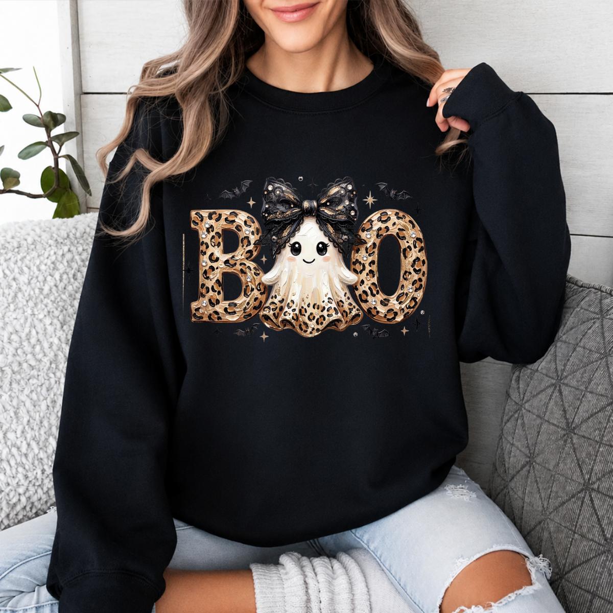 Leopard BOO Ghost Halloween Sweatshirt, Cute Spooky Ghost Graphic Crewneck, Black Bow Pumpkin Bat Design, Vintage Halloween Pullover, Cozy Fall Outfit, Funny Gift for Women Cat Lovers, Trendy Witchy Aesthetic Apparel