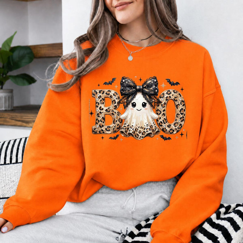Leopard BOO Ghost Halloween Sweatshirt, Cute Spooky Ghost Graphic Crewneck, Black Bow Pumpkin Bat Design, Vintage Halloween Pullover, Cozy Fall Outfit, Funny Gift for Women Cat Lovers, Trendy Witchy Aesthetic Apparel