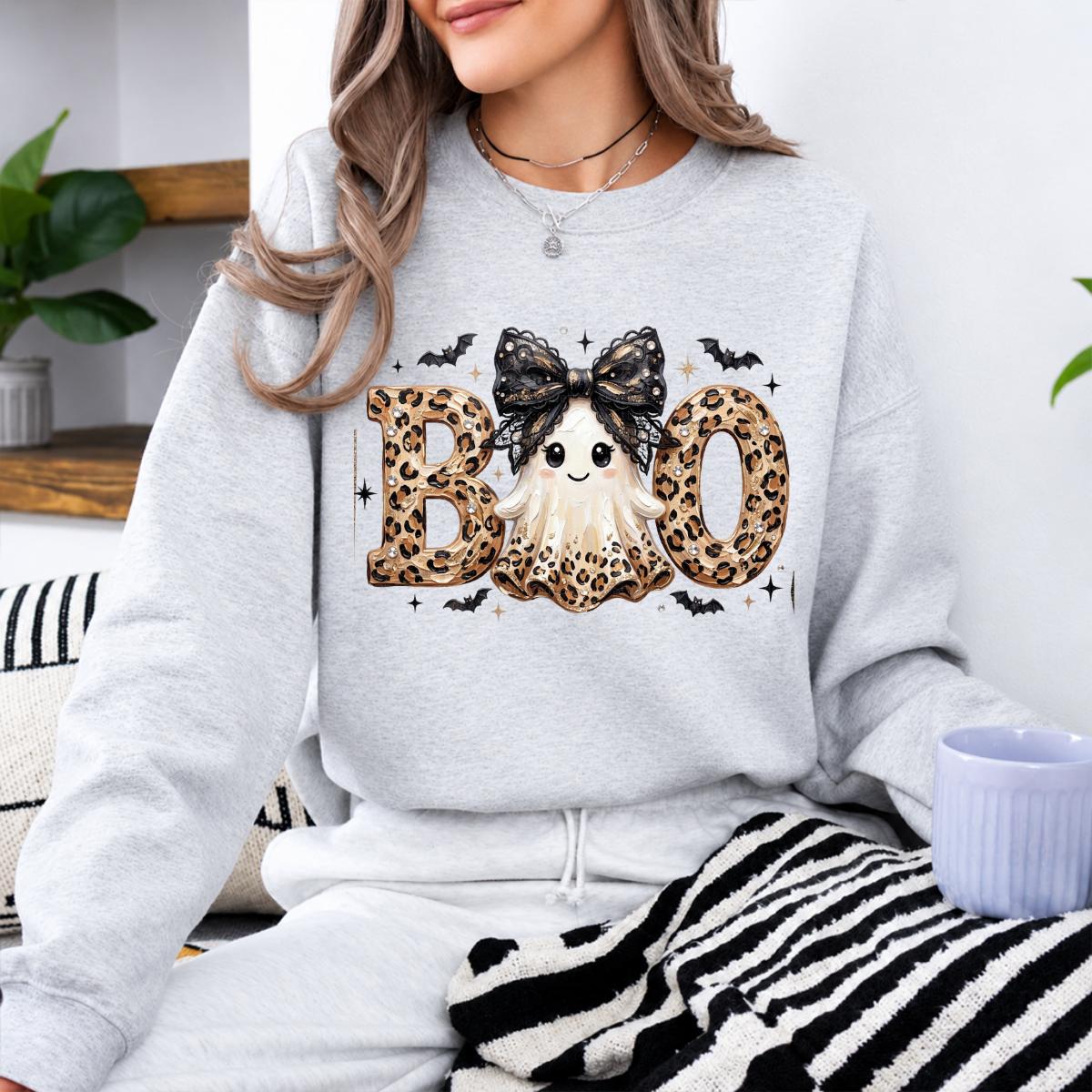 Leopard BOO Ghost Halloween Sweatshirt, Cute Spooky Ghost Graphic Crewneck, Black Bow Pumpkin Bat Design, Vintage Halloween Pullover, Cozy Fall Outfit, Funny Gift for Women Cat Lovers, Trendy Witchy Aesthetic Apparel