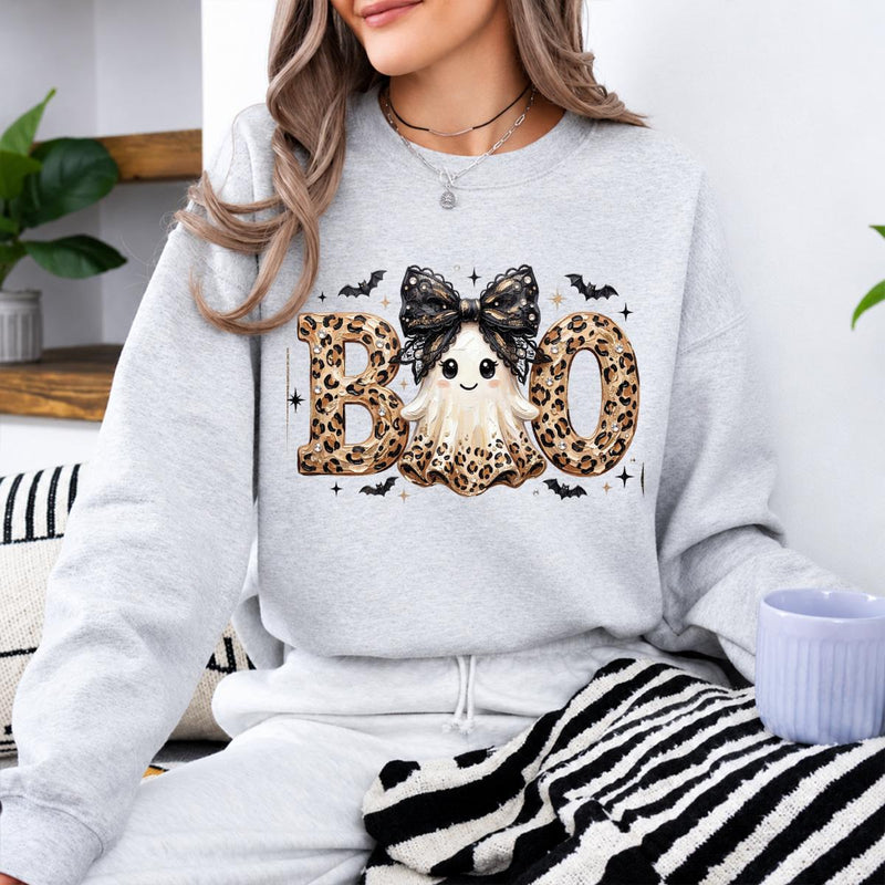 Leopard BOO Ghost Halloween Sweatshirt, Cute Spooky Ghost Graphic Crewneck, Black Bow Pumpkin Bat Design, Vintage Halloween Pullover, Cozy Fall Outfit, Funny Gift for Women Cat Lovers, Trendy Witchy Aesthetic Apparel