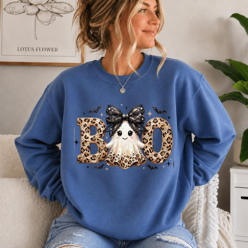Leopard BOO Ghost Halloween Sweatshirt, Cute Spooky Ghost Graphic Crewneck, Black Bow Pumpkin Bat Design, Vintage Halloween Pullover, Cozy Fall Outfit, Funny Gift for Women Cat Lovers, Trendy Witchy Aesthetic Apparel