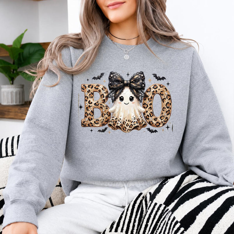Leopard BOO Ghost Halloween Sweatshirt, Cute Spooky Ghost Graphic Crewneck, Black Bow Pumpkin Bat Design, Vintage Halloween Pullover, Cozy Fall Outfit, Funny Gift for Women Cat Lovers, Trendy Witchy Aesthetic Apparel
