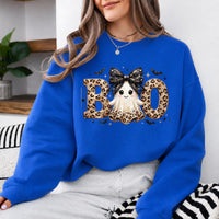 Leopard BOO Ghost Halloween Sweatshirt, Cute Spooky Ghost Graphic Crewneck, Black Bow Pumpkin Bat Design, Vintage Halloween Pullover, Cozy Fall Outfit, Funny Gift for Women Cat Lovers, Trendy Witchy Aesthetic Apparel