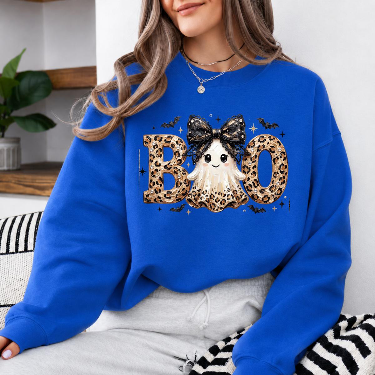 Leopard BOO Ghost Halloween Sweatshirt, Cute Spooky Ghost Graphic Crewneck, Black Bow Pumpkin Bat Design, Vintage Halloween Pullover, Cozy Fall Outfit, Funny Gift for Women Cat Lovers, Trendy Witchy Aesthetic Apparel