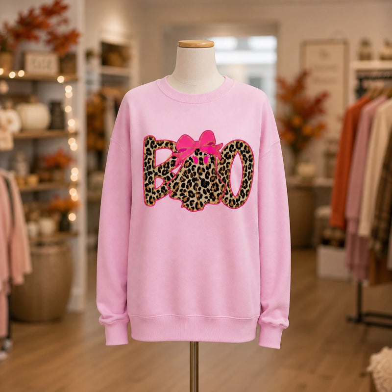 Leopard Boo Halloween Sweatshirt, Pink Bow Ghost Graphic, Coquette Spooky Season Top for Women, Cute Fall Leopard Print