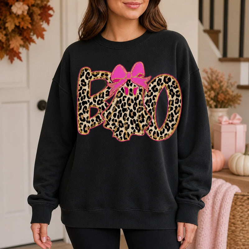 Leopard Boo Halloween Sweatshirt, Pink Bow Ghost Graphic, Coquette Spooky Season Top for Women, Cute Fall Leopard Print