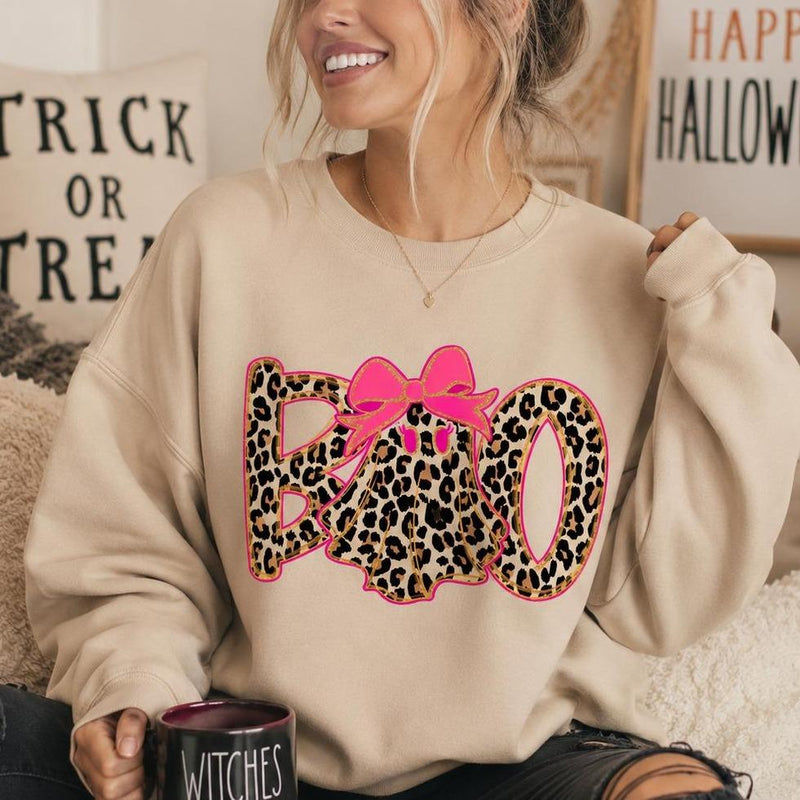 Leopard Boo Halloween Sweatshirt, Pink Bow Ghost Graphic, Coquette Spooky Season Top for Women, Cute Fall Leopard Print