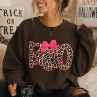 Leopard Boo Halloween Sweatshirt, Pink Bow Ghost Graphic, Coquette Spooky Season Top for Women, Cute Fall Leopard Print