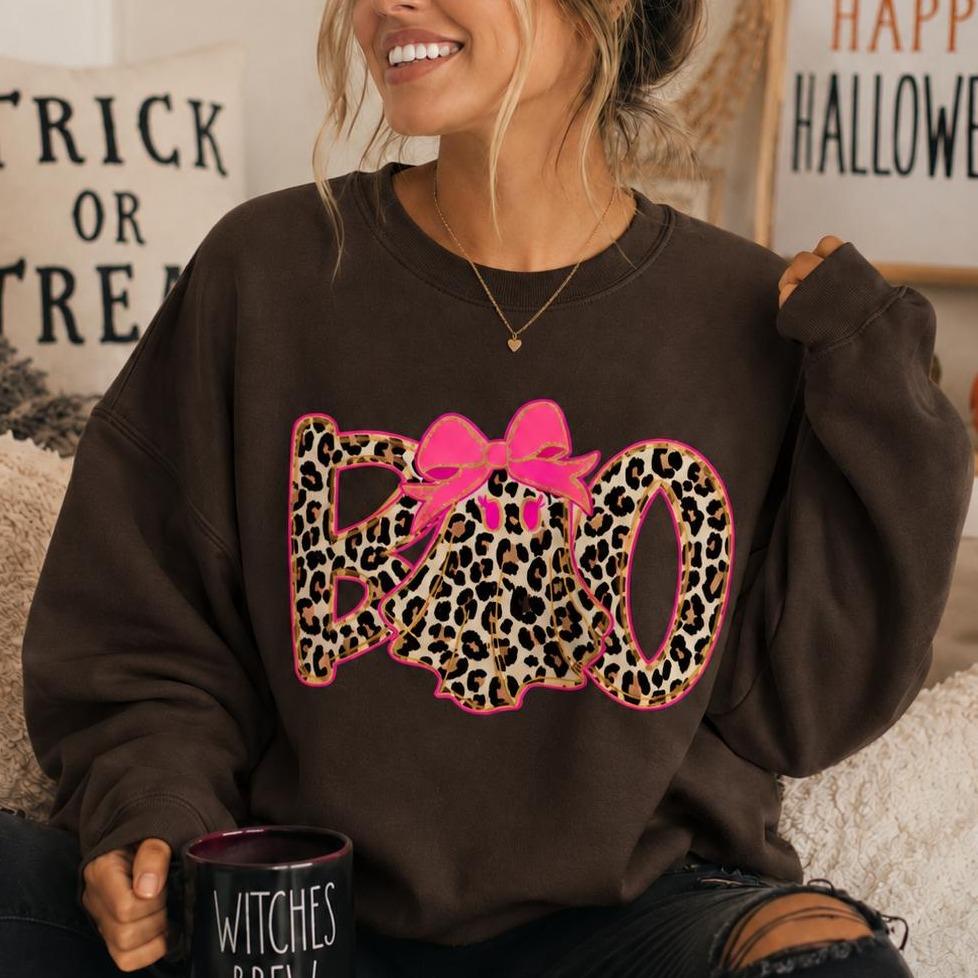 Leopard Boo Halloween Sweatshirt, Pink Bow Ghost Graphic, Coquette Spooky Season Top for Women, Cute Fall Leopard Print