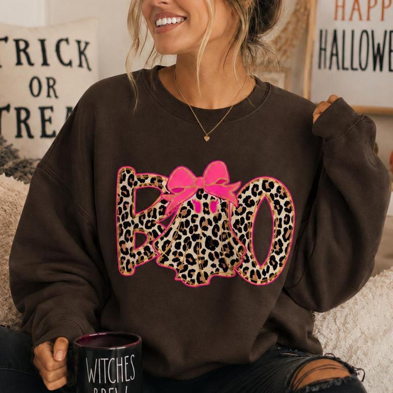 Leopard Boo Halloween Sweatshirt, Pink Bow Ghost Graphic, Coquette Spooky Season Top for Women, Cute Fall Leopard Print
