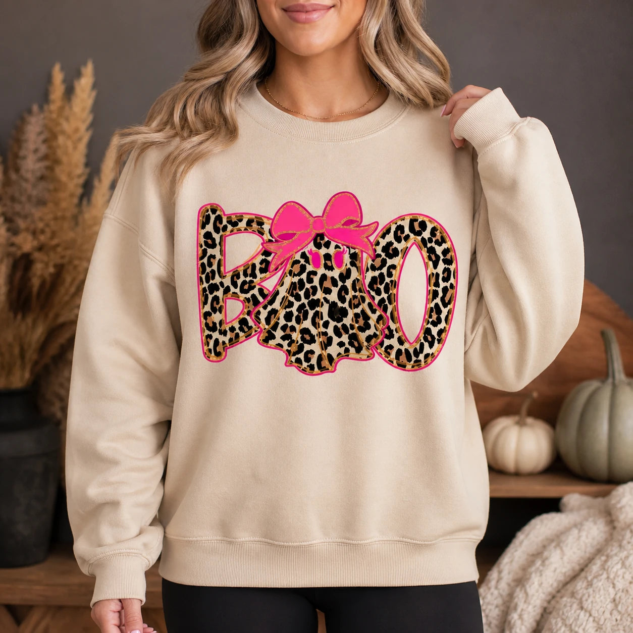 Leopard Boo Halloween Sweatshirt, Pink Bow Ghost Graphic, Coquette Spooky Season Top for Women, Cute Fall Leopard Print