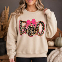 Leopard Boo Halloween Sweatshirt, Pink Bow Ghost Graphic, Coquette Spooky Season Top for Women, Cute Fall Leopard Print