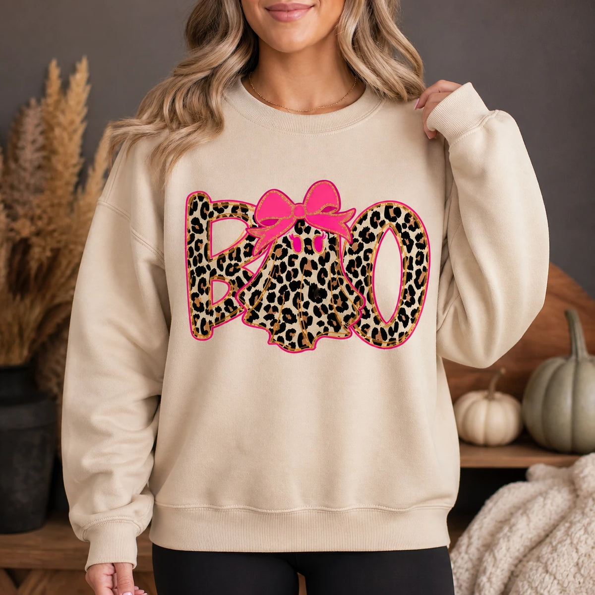 Leopard Boo Halloween Sweatshirt, Pink Bow Ghost Graphic, Coquette Spooky Season Top for Women, Cute Fall Leopard Print
