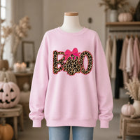 Leopard Boo Halloween Sweatshirt, Pink Bow Ghost Graphic, Coquette Spooky Season Top for Women, Cute Fall Leopard Print