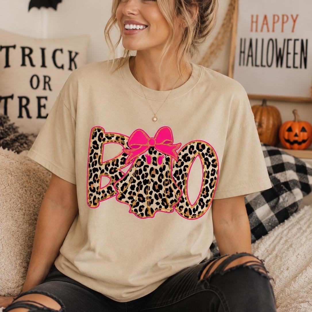 Leopard Boo Halloween Sweatshirt, Pink Bow Ghost Graphic, Coquette Spooky Season Top for Women, Cute Fall Leopard Print