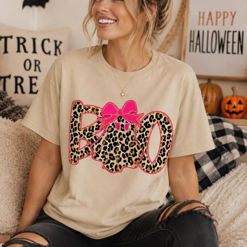 Leopard Boo Halloween Sweatshirt, Pink Bow Ghost Graphic, Coquette Spooky Season Top for Women, Cute Fall Leopard Print
