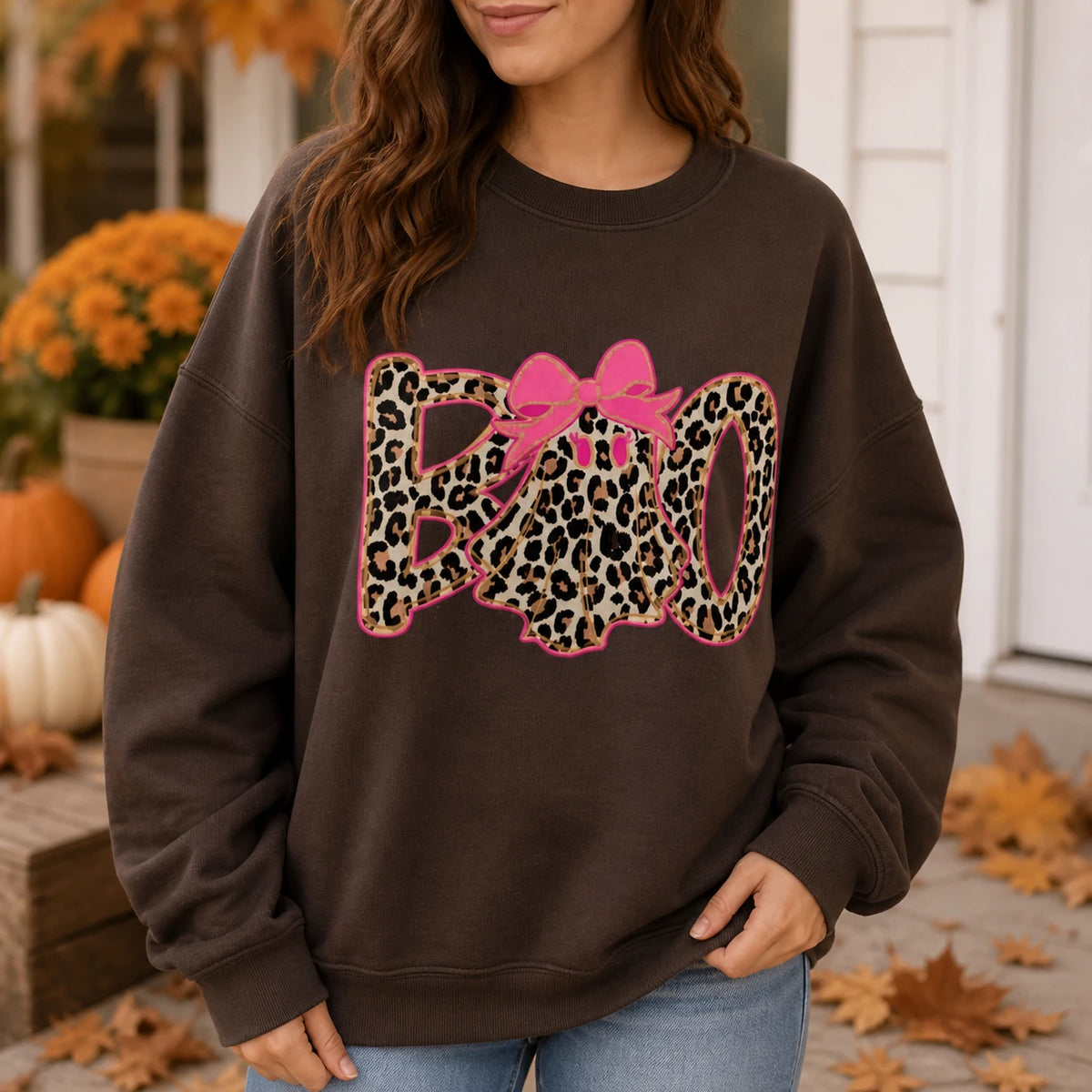 Leopard Boo Halloween Sweatshirt, Pink Bow Ghost Graphic, Coquette Spooky Season Top for Women, Cute Fall Leopard Print