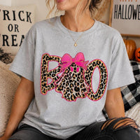 Leopard Boo Halloween Sweatshirt, Pink Bow Ghost Graphic, Coquette Spooky Season Top for Women, Cute Fall Leopard Print