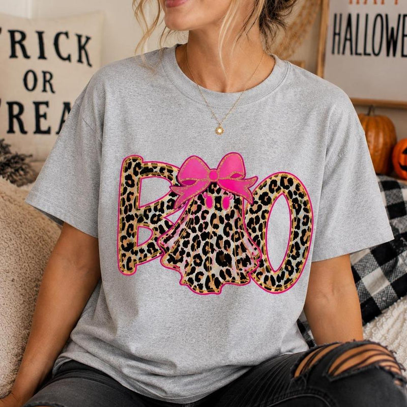 Leopard Boo Halloween Sweatshirt, Pink Bow Ghost Graphic, Coquette Spooky Season Top for Women, Cute Fall Leopard Print