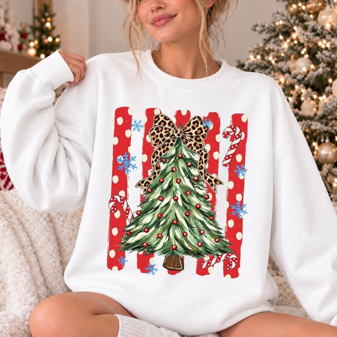 Leopard Bow Christmas, Polka Dot Tree Sweatshirt, Holiday Women, Cute Coquette Style