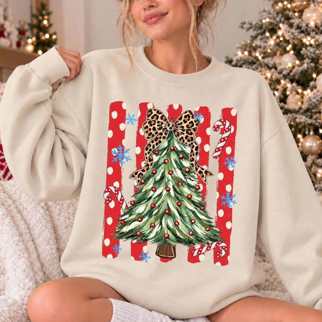 Leopard Bow Christmas, Polka Dot Tree Sweatshirt, Holiday Women, Cute Coquette Style