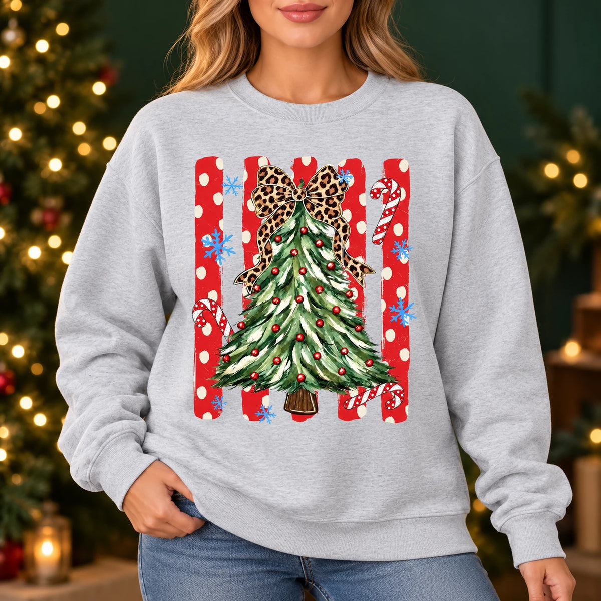 Leopard Bow Christmas Tree Sweatshirt, Cute Coquette Holiday Style for Women