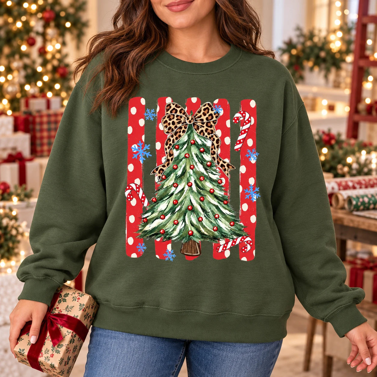 Leopard Bow Christmas Tree Sweatshirt, Cute Coquette Holiday Style for Women
