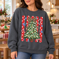 Leopard Bow Christmas Tree Sweatshirt, Cute Coquette Holiday Style for Women