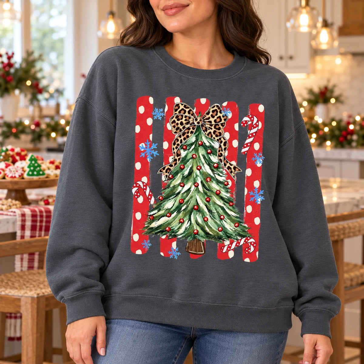 Leopard Bow Christmas Tree Sweatshirt, Cute Coquette Holiday Style for Women