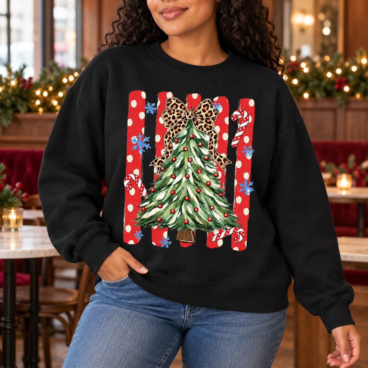 Leopard Bow Christmas Tree Sweatshirt, Cute Coquette Holiday Style for Women