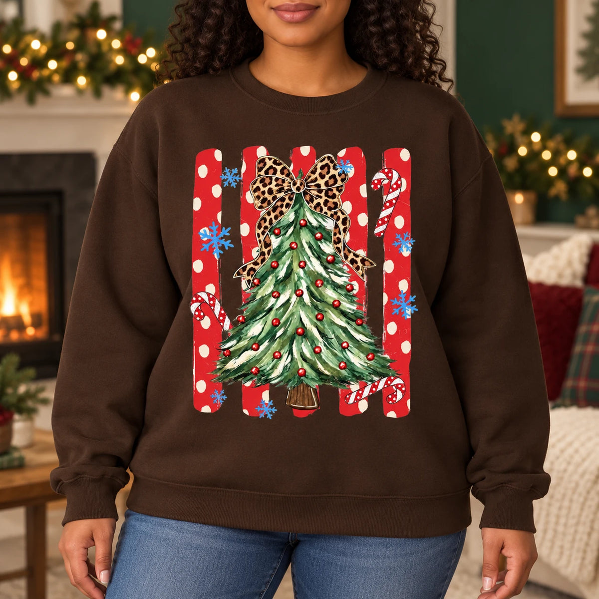 Leopard Bow Christmas Tree Sweatshirt, Cute Coquette Holiday Style for Women