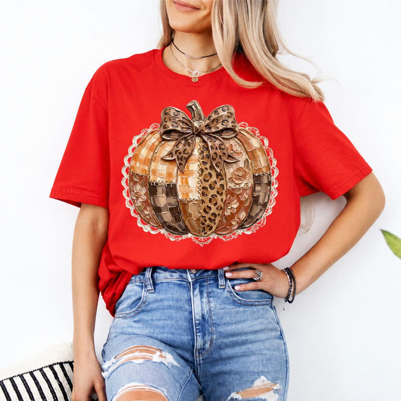 Leopard Bow Pumpkin Patchwork Pumpkin Sweatshirt and T-Shirt Fall Thanksgiving Women Rustic Coquette Design