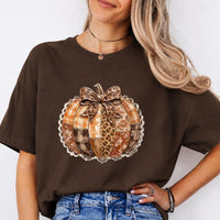 Leopard Bow Pumpkin Patchwork Pumpkin Sweatshirt and T-Shirt Fall Thanksgiving Women Rustic Coquette Design
