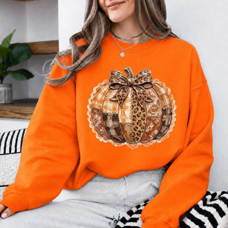 Leopard Bow Pumpkin Patchwork Pumpkin Sweatshirt and T-Shirt Fall Thanksgiving Women Rustic Coquette Design