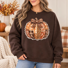Leopard Bow Pumpkin Sweatshirt and T-Shirt for Women Fall Thanksgiving Rustic Coquette Autumn Design