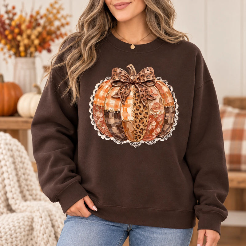 Leopard Bow Pumpkin Sweatshirt and T-Shirt for Women Fall Thanksgiving Rustic Coquette Autumn Design