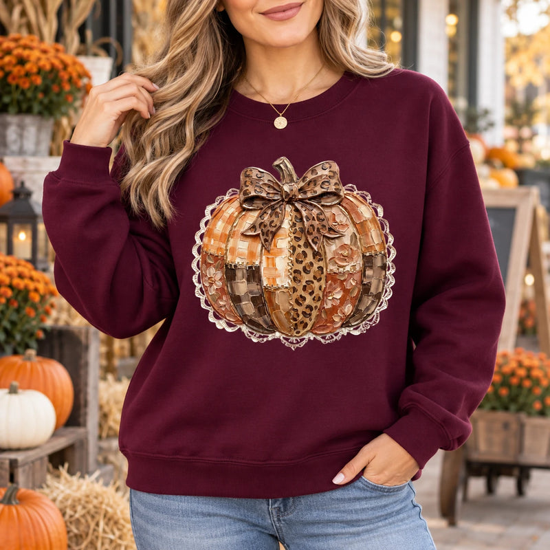 Leopard Bow Pumpkin Sweatshirt and T-Shirt for Women Fall Thanksgiving Rustic Coquette Autumn Design