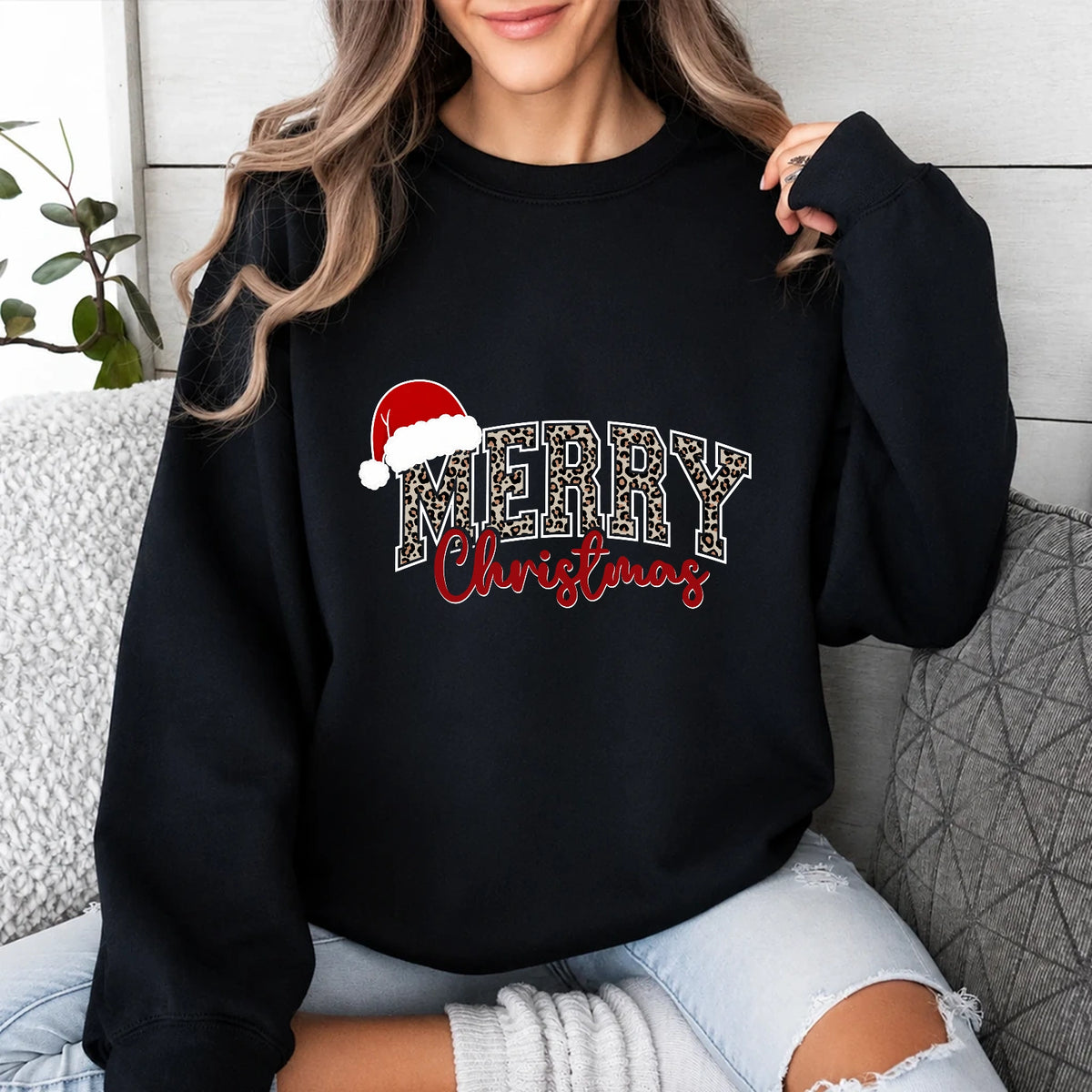 Leopard Christmas Sweatshirt Merry Christmas Holiday Women Leopard Print Design