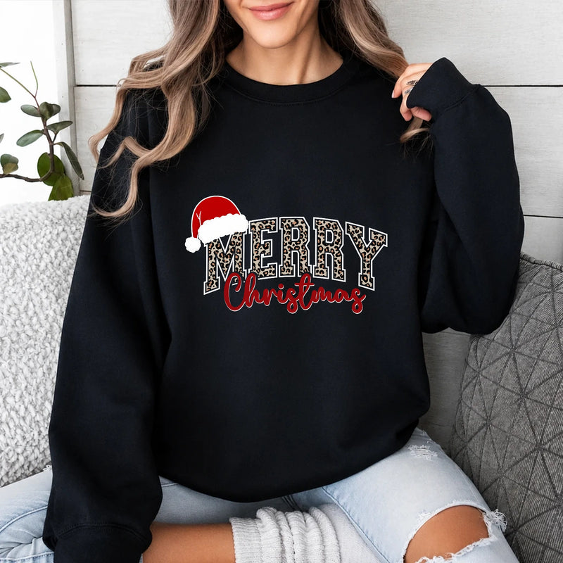 Leopard Christmas Sweatshirt Merry Christmas Holiday Women Leopard Print Design