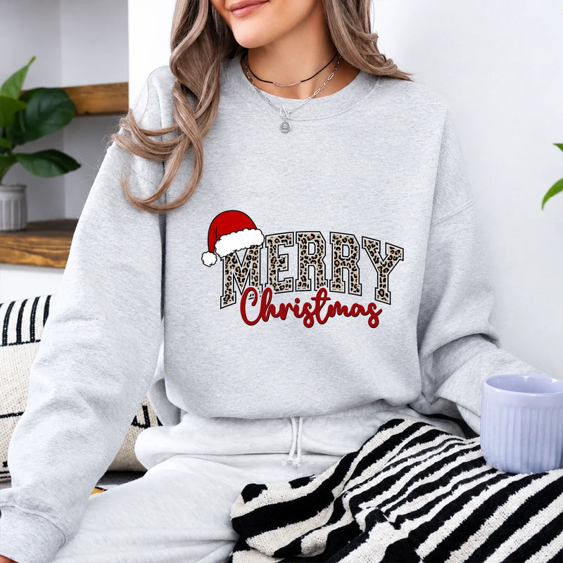 Leopard Christmas Sweatshirt Merry Christmas Holiday Women Leopard Print Design