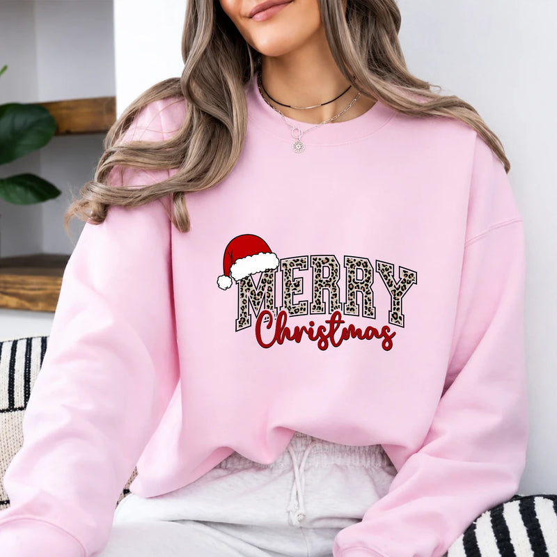 Leopard Christmas Sweatshirt Merry Christmas Holiday Women Leopard Print Design