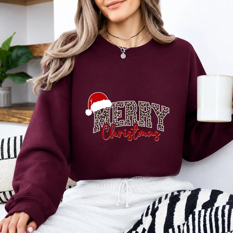 Leopard Christmas Sweatshirt Merry Christmas Holiday Women Leopard Print Design