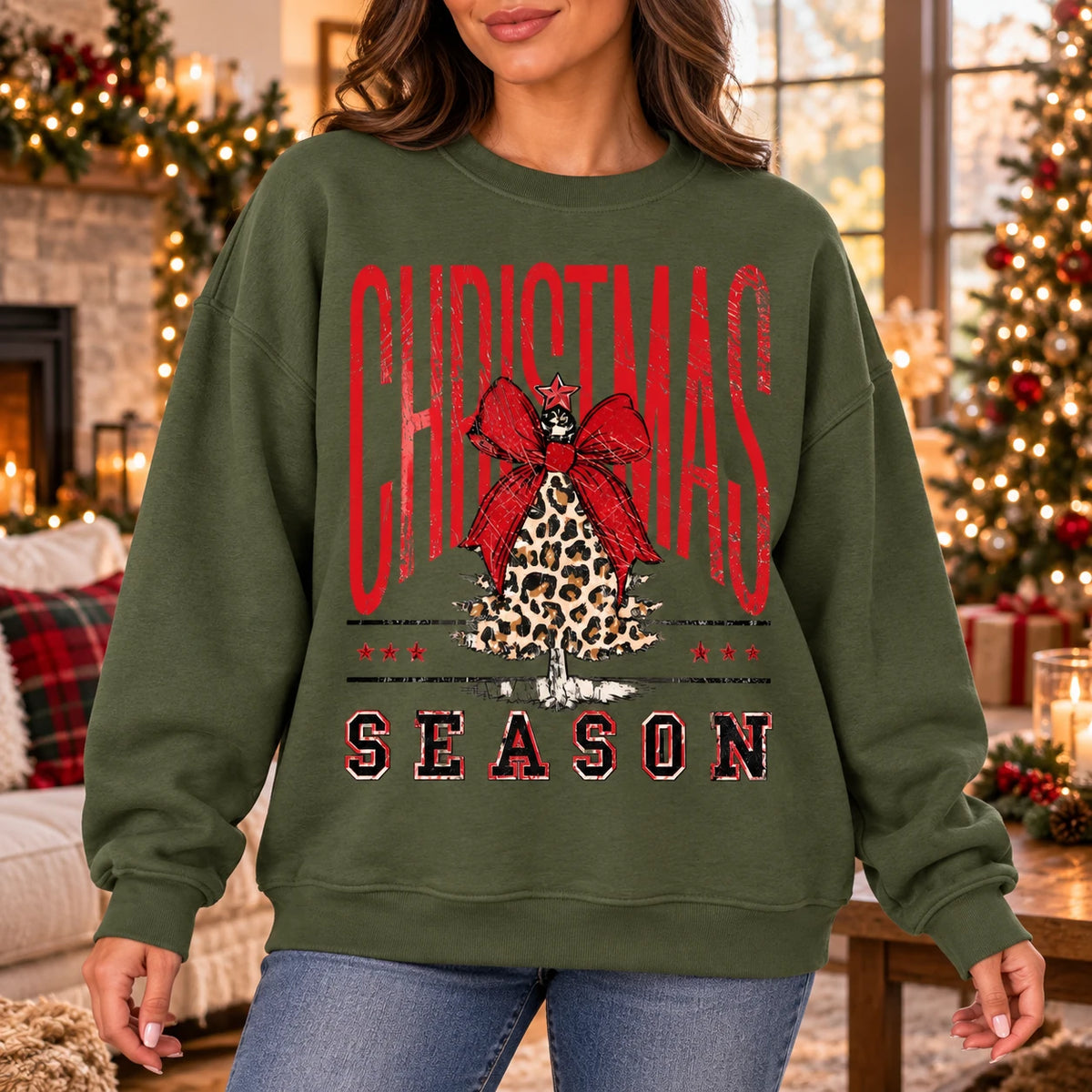 Leopard Christmas Tree Sweatshirt for Women, Red Coquette Bow, Vintage Western Christmas Season Graphic, Festive Holiday Style