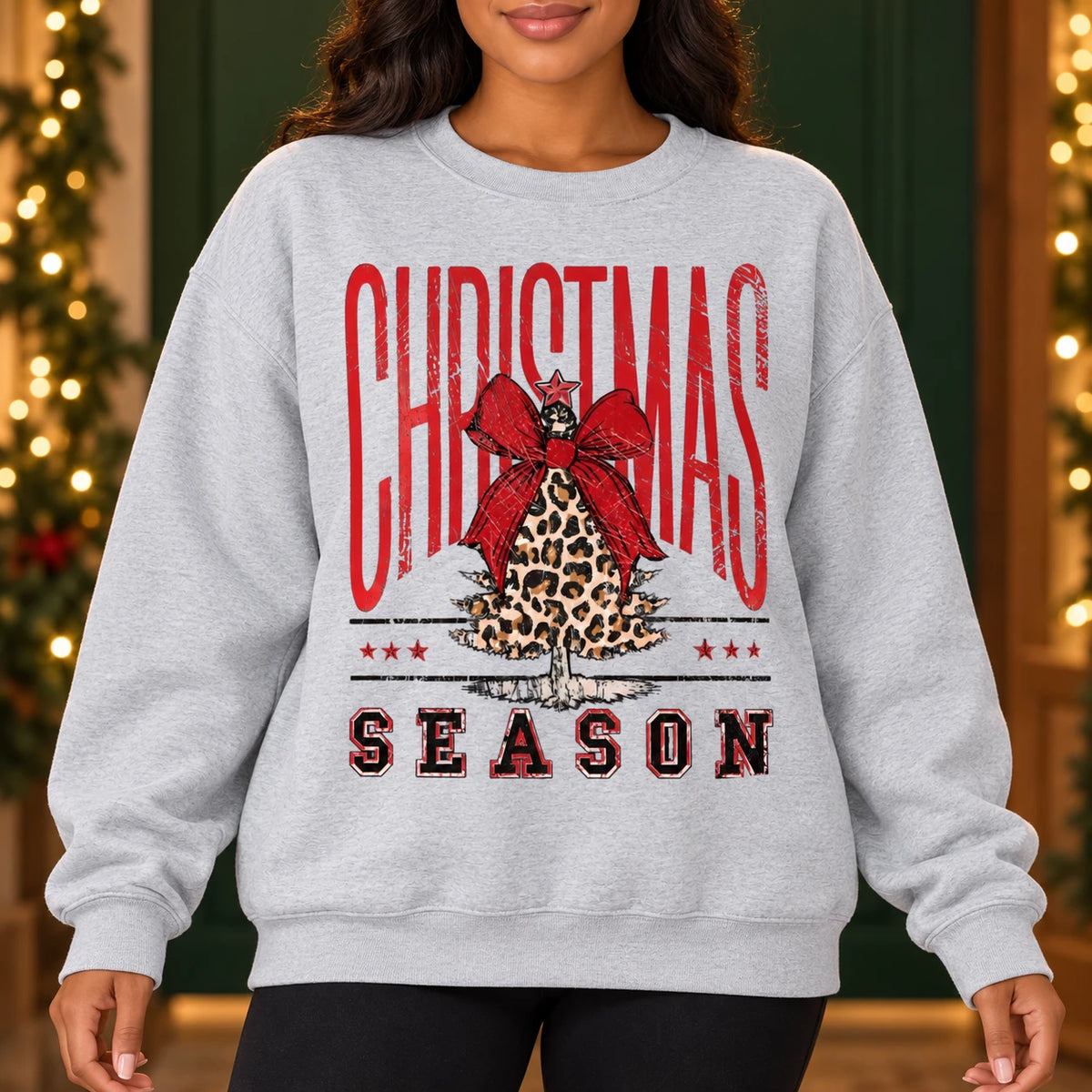 Leopard Christmas Tree Sweatshirt for Women, Red Coquette Bow, Vintage Western Christmas Season Graphic, Festive Holiday Style